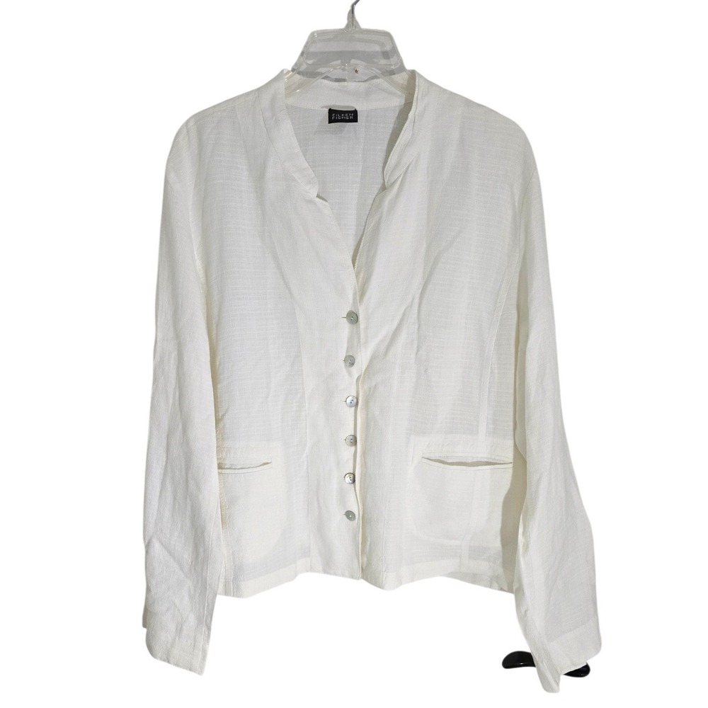 Eileen Fisher White Linen Viscose Button Front Blouse Mandarin Collar X-Large